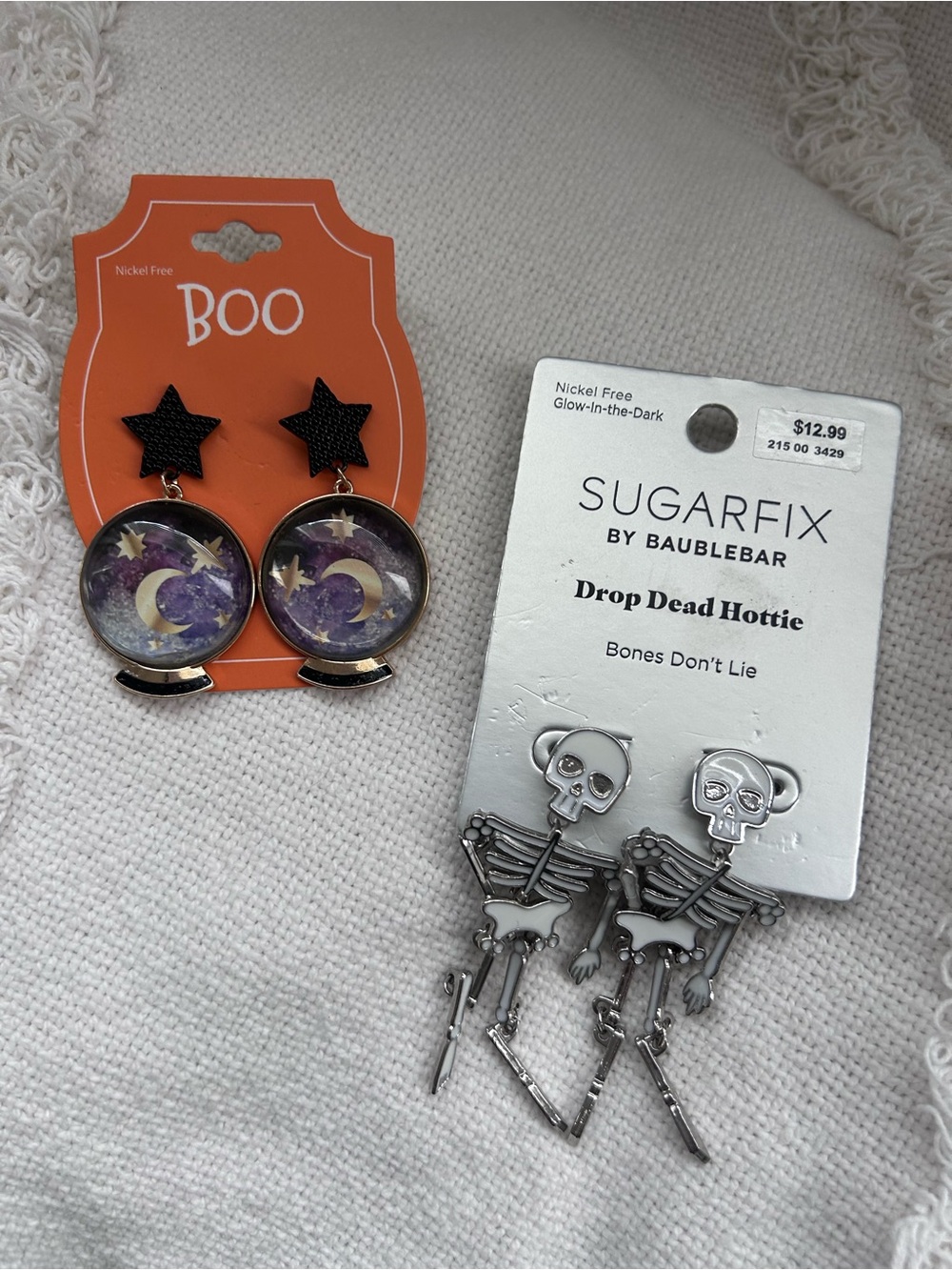 Drop Dead Hottie Silver Skeleton & Crystal Ball Earrings.